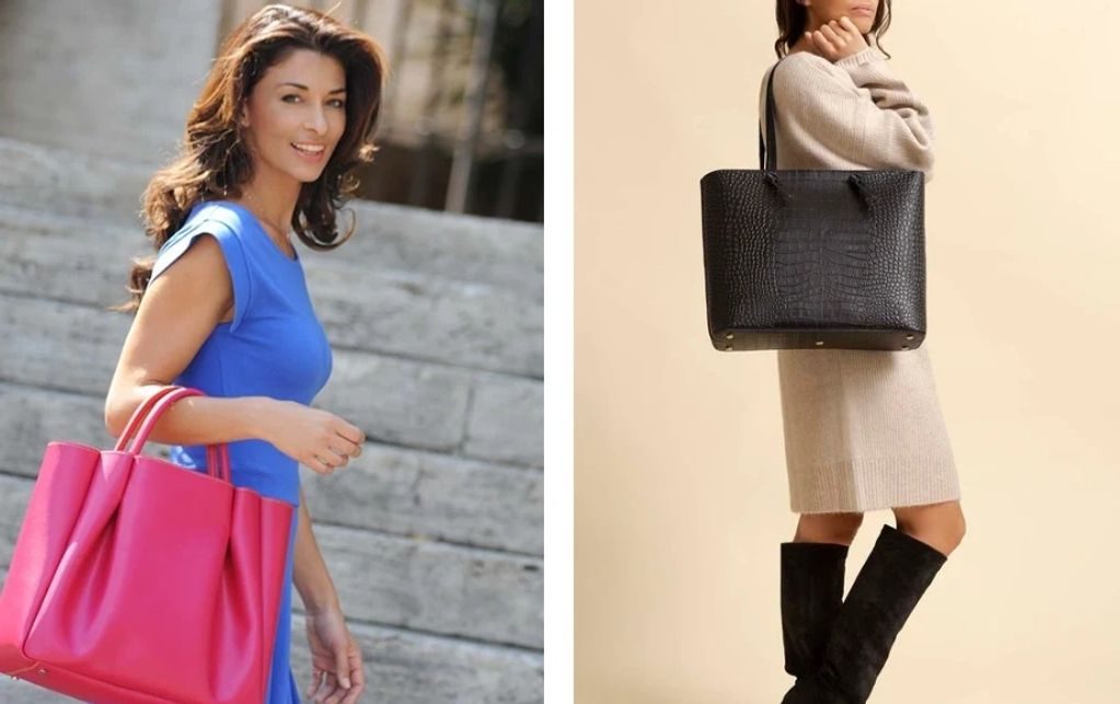 Two women one is wearing a dress and the other has a bag
