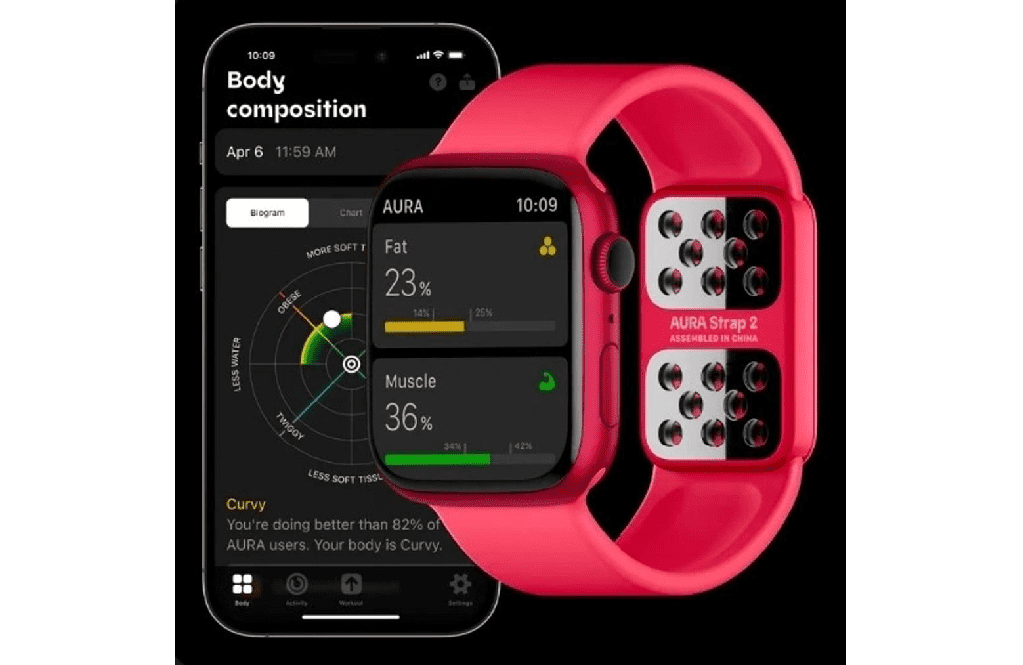 A red apple watch with the body composition app on.