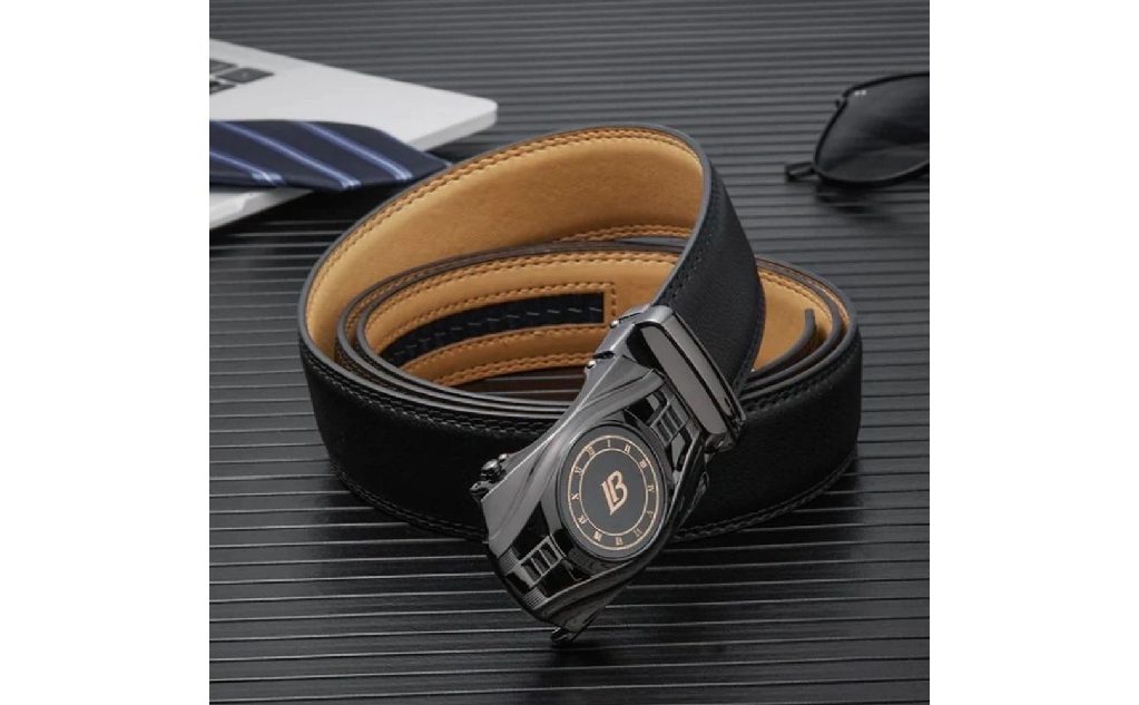 A black and brown belt with a watch on it