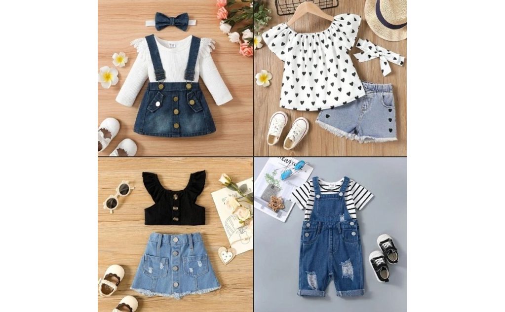 A collection of baby girl clothes including overalls and shorts.