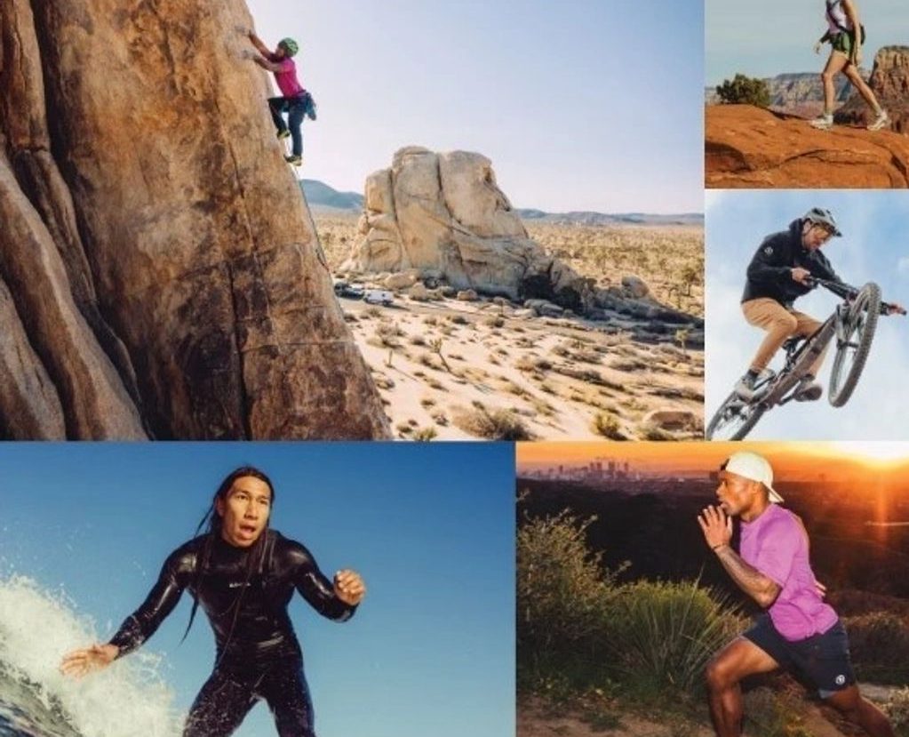 A collage of different people climbing and biking.