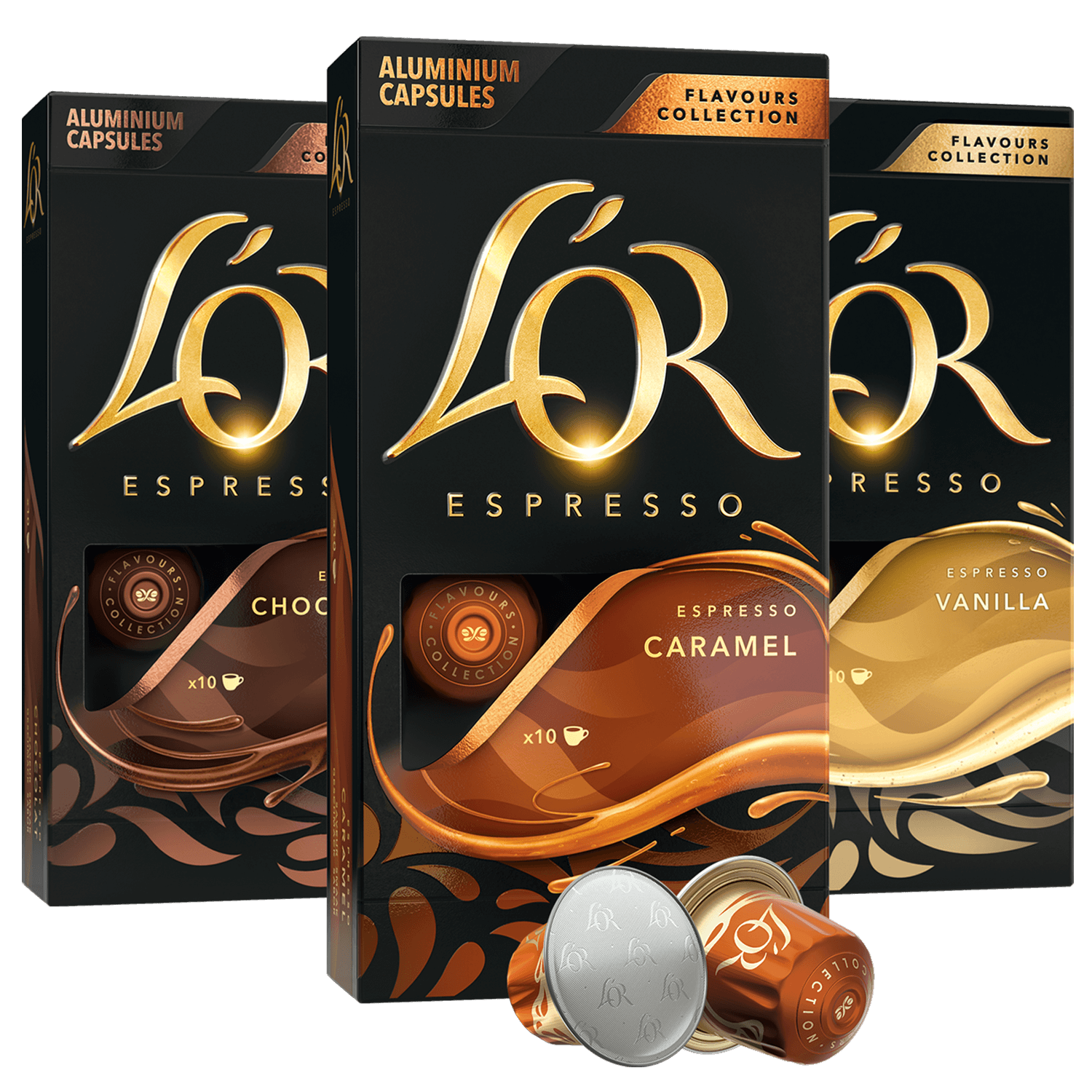 A group of three boxes with coffee pods.