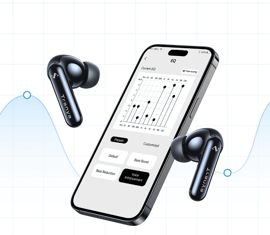 A phone with two ear buds and an app on the screen.