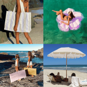 A collage of four different women on the beach.